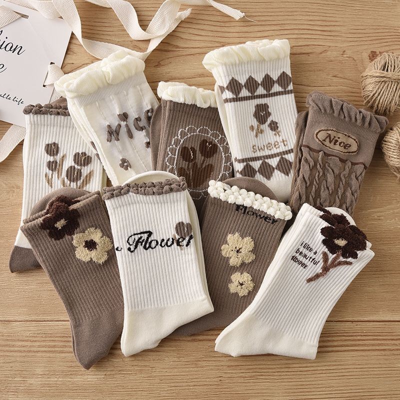 Women's Socks Autumn and Winter Plush Flower Stockings Ins Trendy All-Match Good-looking Mori Style Student Coffee Color Lace Mid-Length