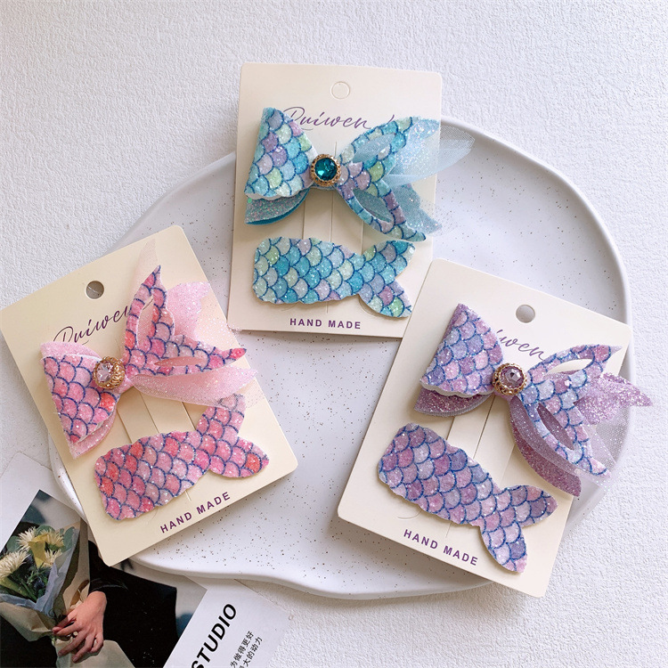 儿童亮片蝴蝶结美人鱼尾巴发夹女童刘海碎发bb夹宝宝侧边发卡头饰