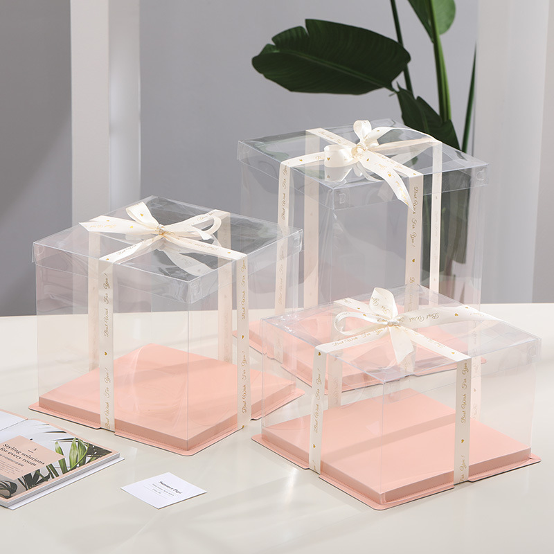 现货透明蛋糕盒pet围边单双层加高468寸三合一生日方形烘焙包装盒