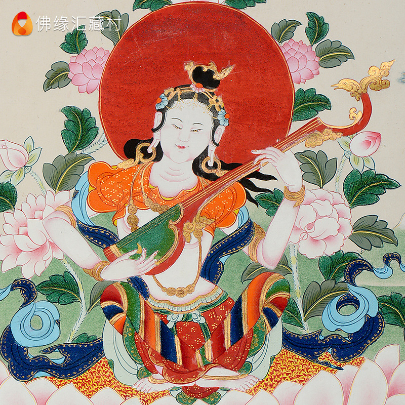 藏村手绘妙音天女佛像唐卡西藏矿物颜料密宗佛母禅意挂画装饰画