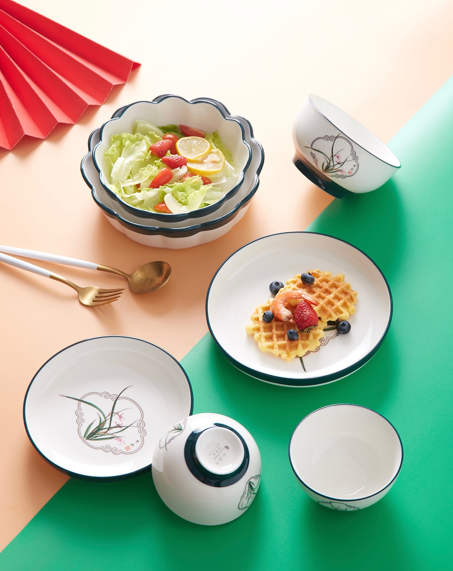 批发陶瓷松昌空谷幽兰碗盘家用ins碗碟套装创意简约兰花北欧餐具