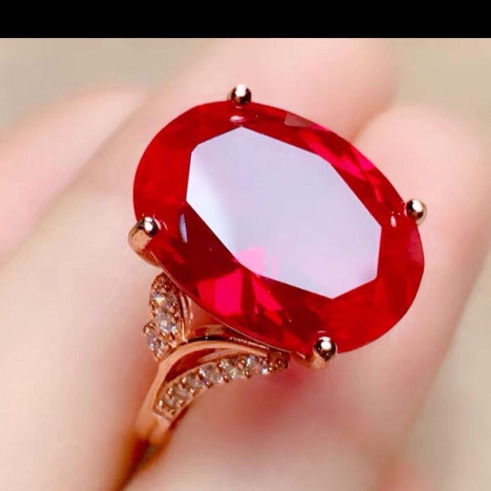 仿天然鸽血红宝石食指戒指女款镀925银简约时尚结婚镶钻镶嵌镀金