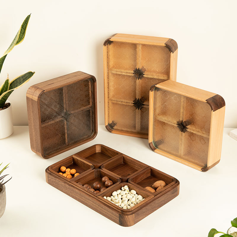 实木质干果坚果盒子美式水果盘家用客厅瓜子盘防潮分格带盖收纳盒