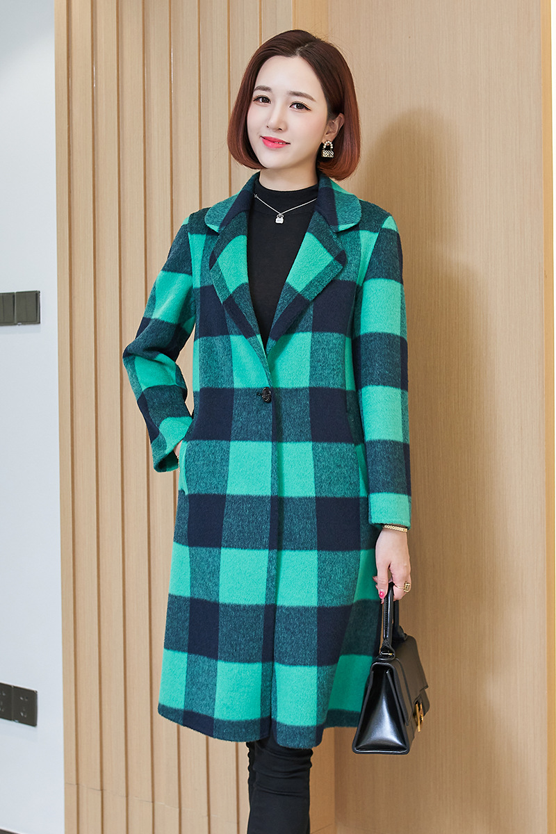 双面呢羊绒大衣女中长款冬季新款赫本风绿色格子羊毛呢子毛呢外套