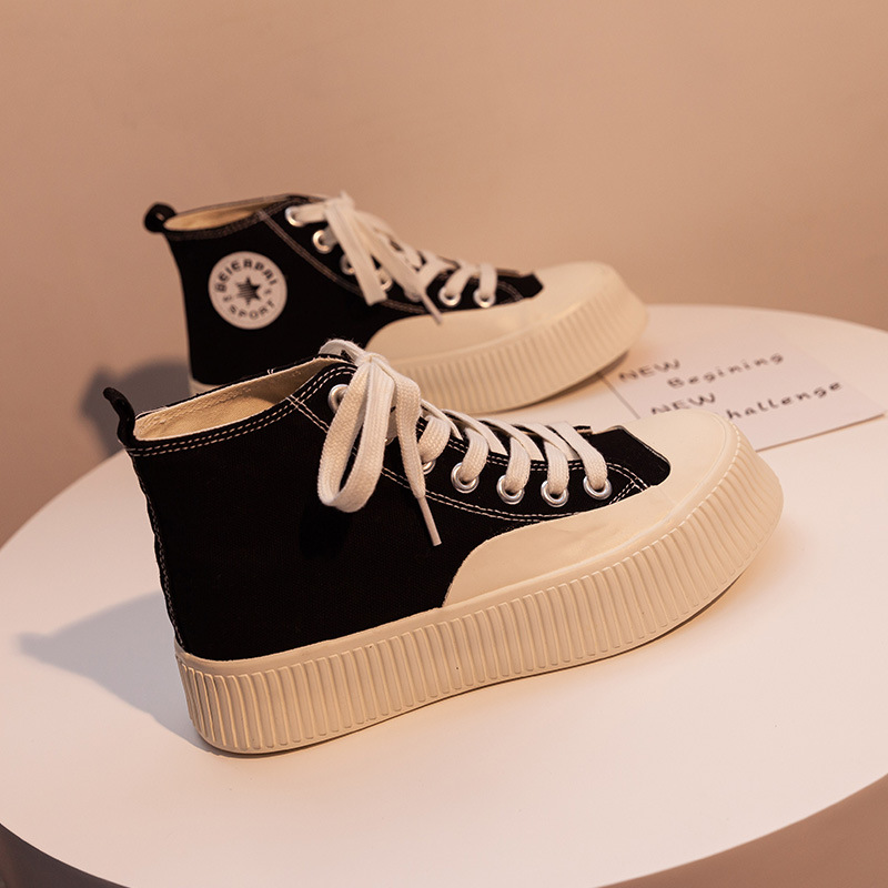 蓓尔港味高帮帆布鞋女2021新款秋ins潮百搭厚底短靴舒适休闲女鞋