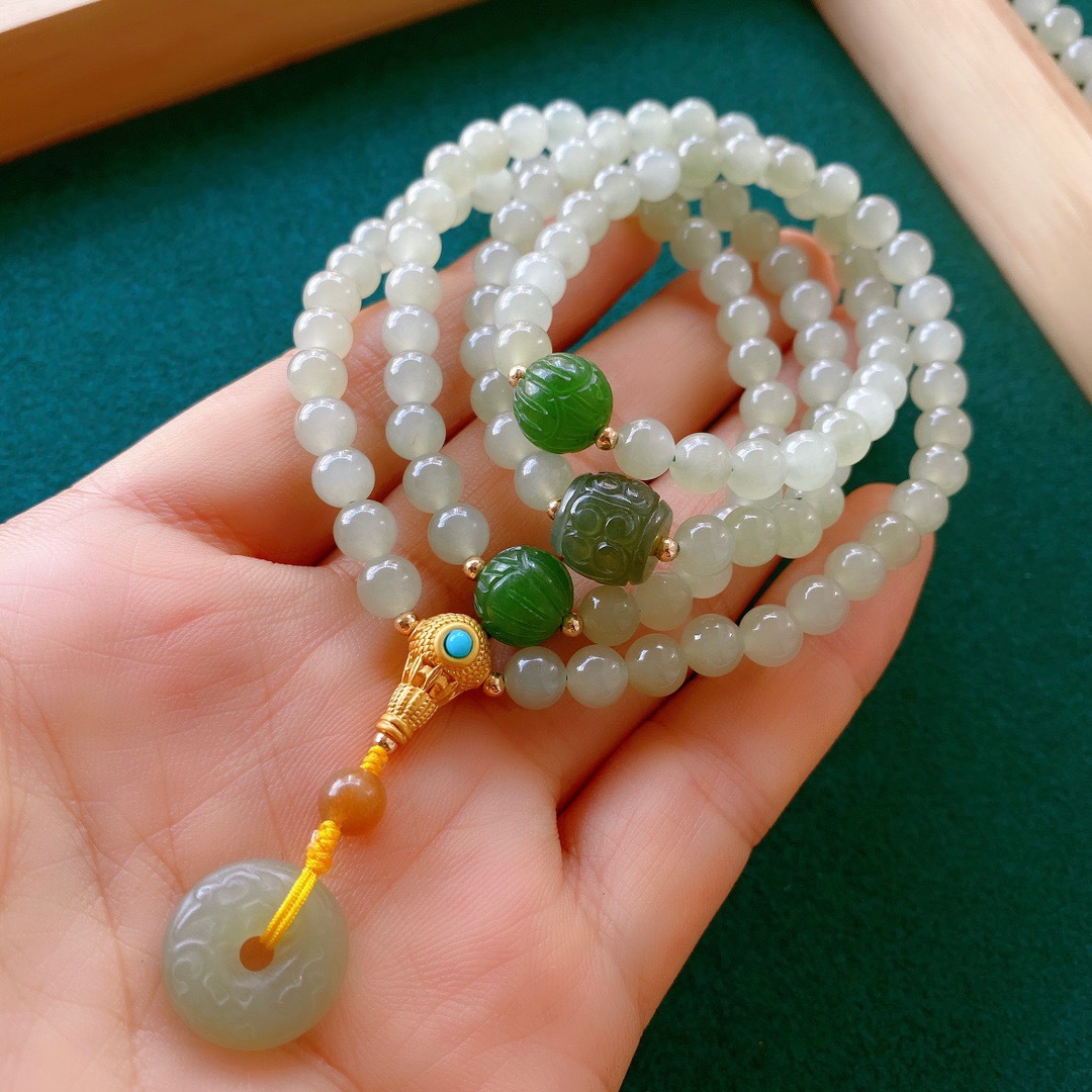 天然黄口脚和田玉108佛珠手链项链两用6mm圆珠搭配和田玉仿古扣