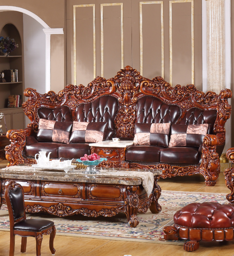 欧式真皮沙发 美式别墅客厅实木水性漆123组合沙发霸气豪华套装