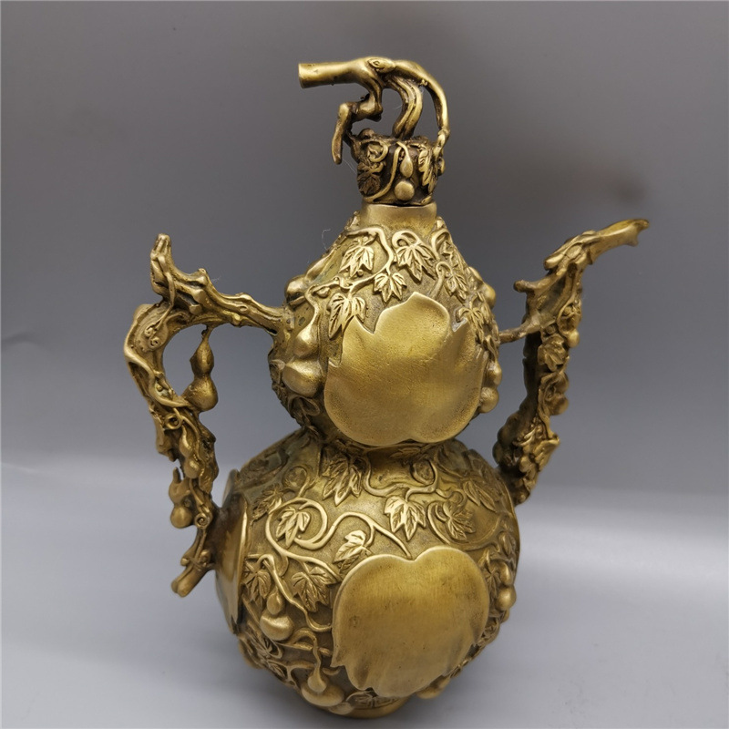 古玩收藏批发仿古做旧铜器黄铜子孙万代酒壶茶壶黄铜葫芦酒壶摆件