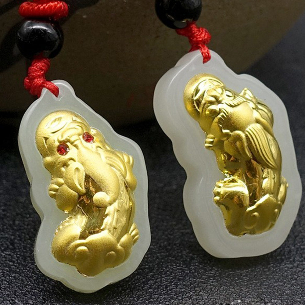 和田玉镶金 足金天然和田玉吊坠 金镶玉4d硬金如意貔貅项链批发