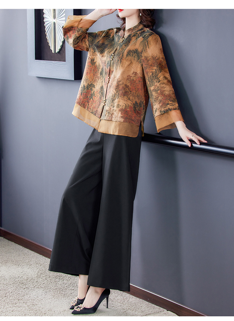 香云纱套装女仿真丝两件套2021春秋新款长袖上衣阔腿裤子时尚套装