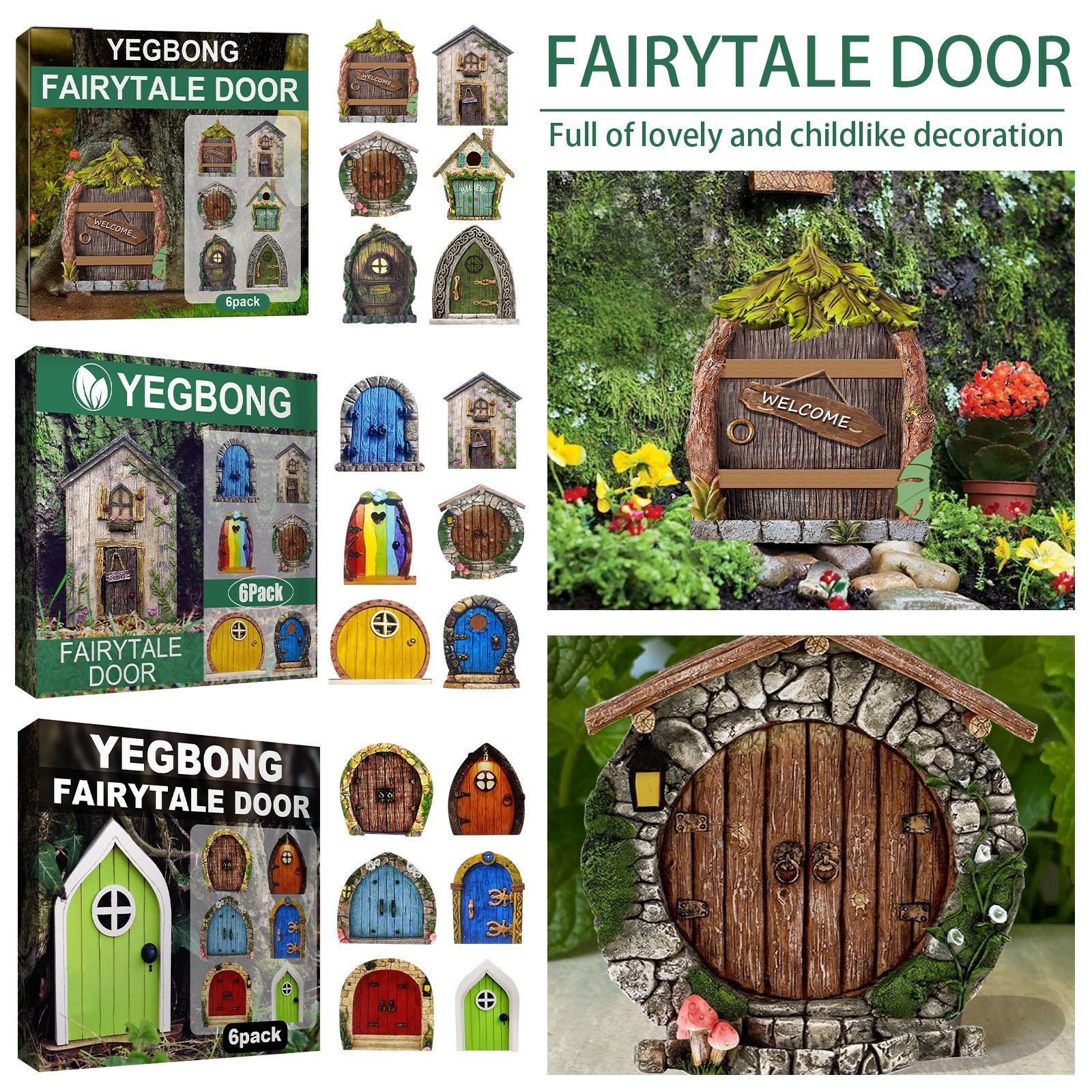 Yegbong Garden Decoration Fairy Tale Door Dwarf Decoration Fairy Tale Door Wooden Miniature Courtyard Tree Decoration