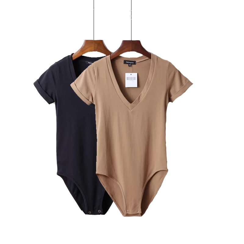 夏季欧美修身v领短袖连体衣女百搭紧身t恤三角裤连身上衣打底衫