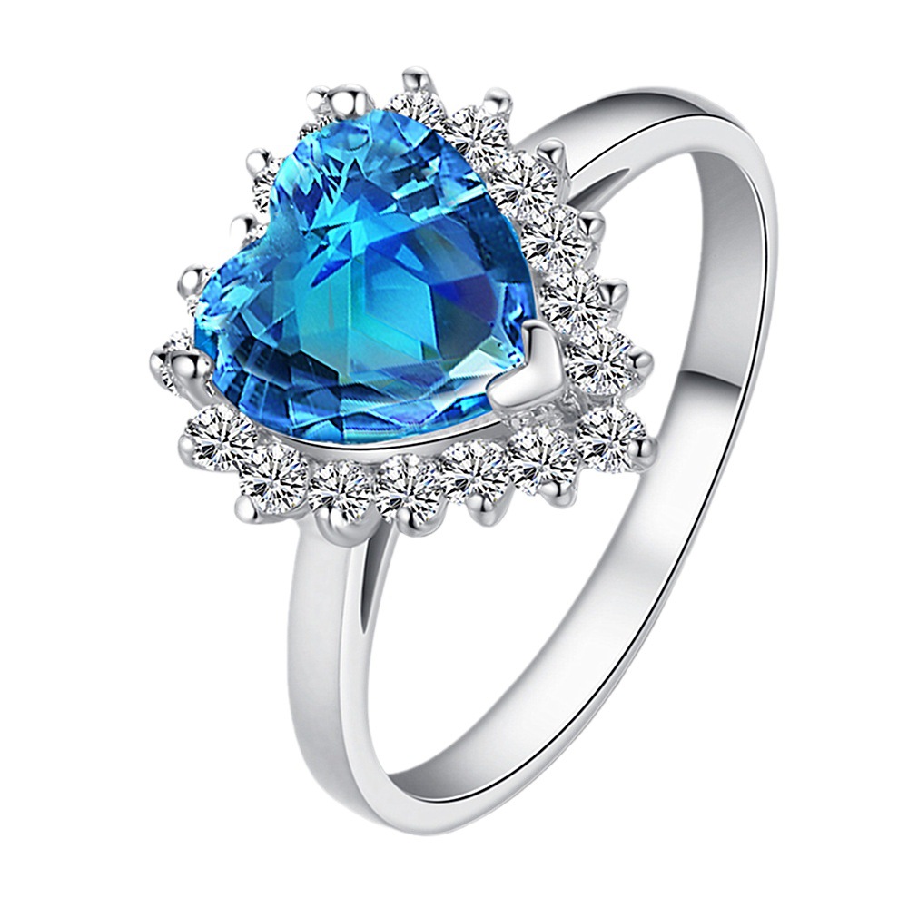外贸戒指海洋之心形微镶戒指 泰坦尼克号开口可调心形蓝水晶指环