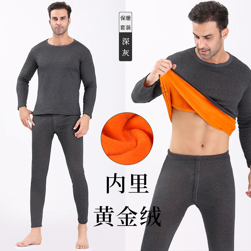 Golden Fleece Thermal Underwear Men's Double-Layer Thickened Fleece-Lined Middle-Aged and Elderly Women's Thermal Underwear Long Johns Set Couple Suit Wholesale