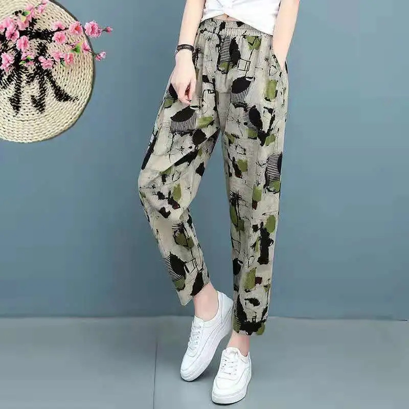 2023 New Cotton and Linen Trousers Women's Retro Harlan Cropped Pants Loose Slimming Floral Print Casual Jumpsuit plus Size Harem Pants