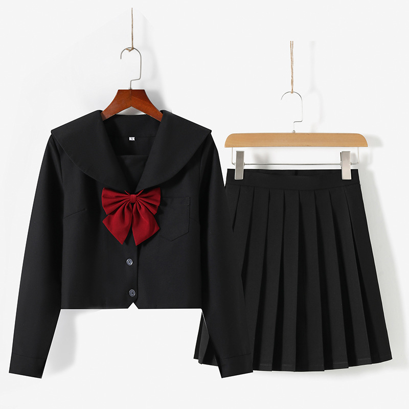 正统黑无本手水服长袖短裙套装日系jk制服水手服批发-阿里巴巴