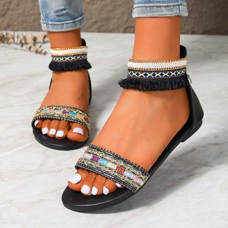 波西米亚平底凉鞋女2024年夏季新款欧美外贸大码舒适鱼嘴凉鞋批发