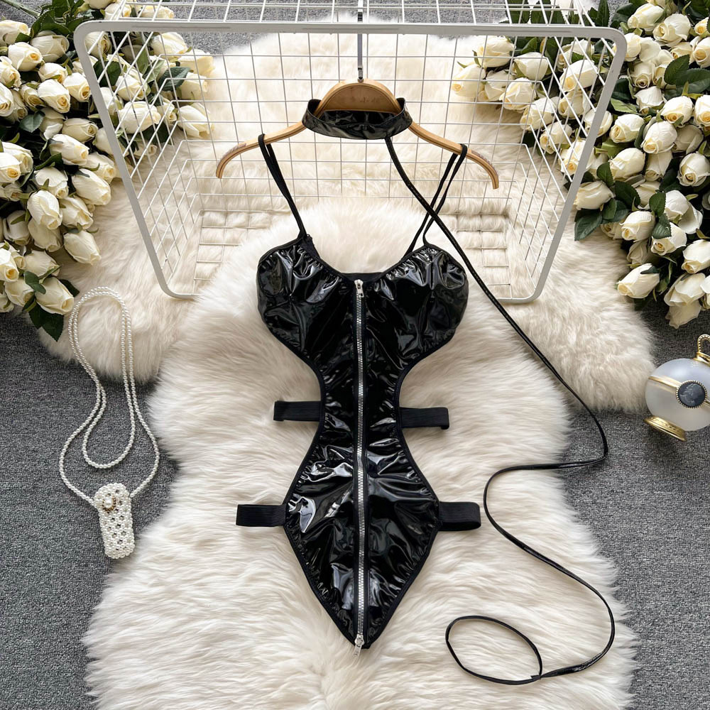 暗黑纯欲风辣妹性感设计感小众拉链pu皮不规则连体衣高叉吊带上衣