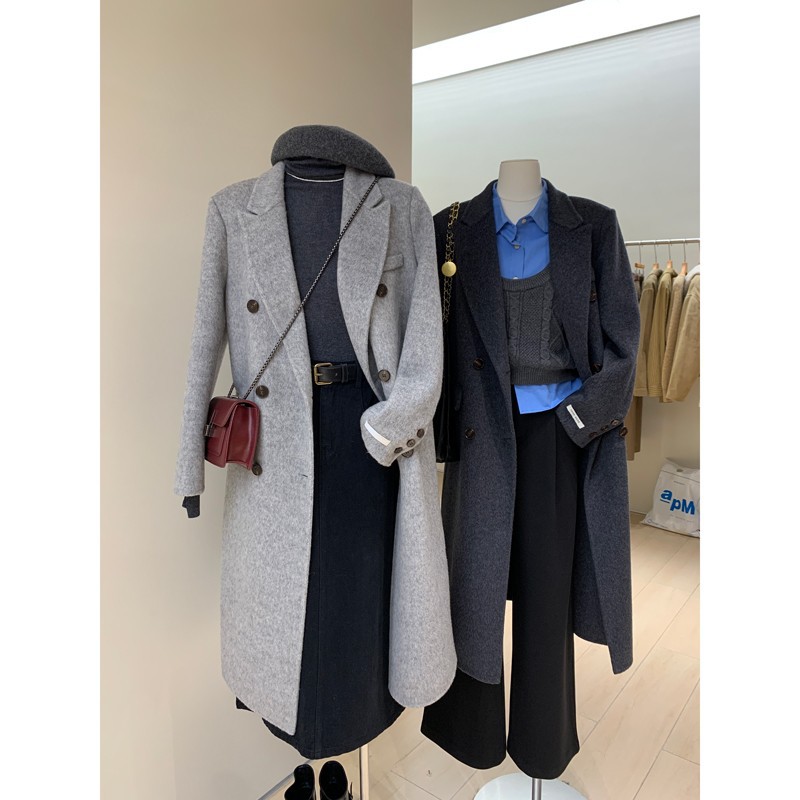 2023秋冬新款学院风双面呢羊毛大衣翻驳领双排扣高级感百搭上衣女