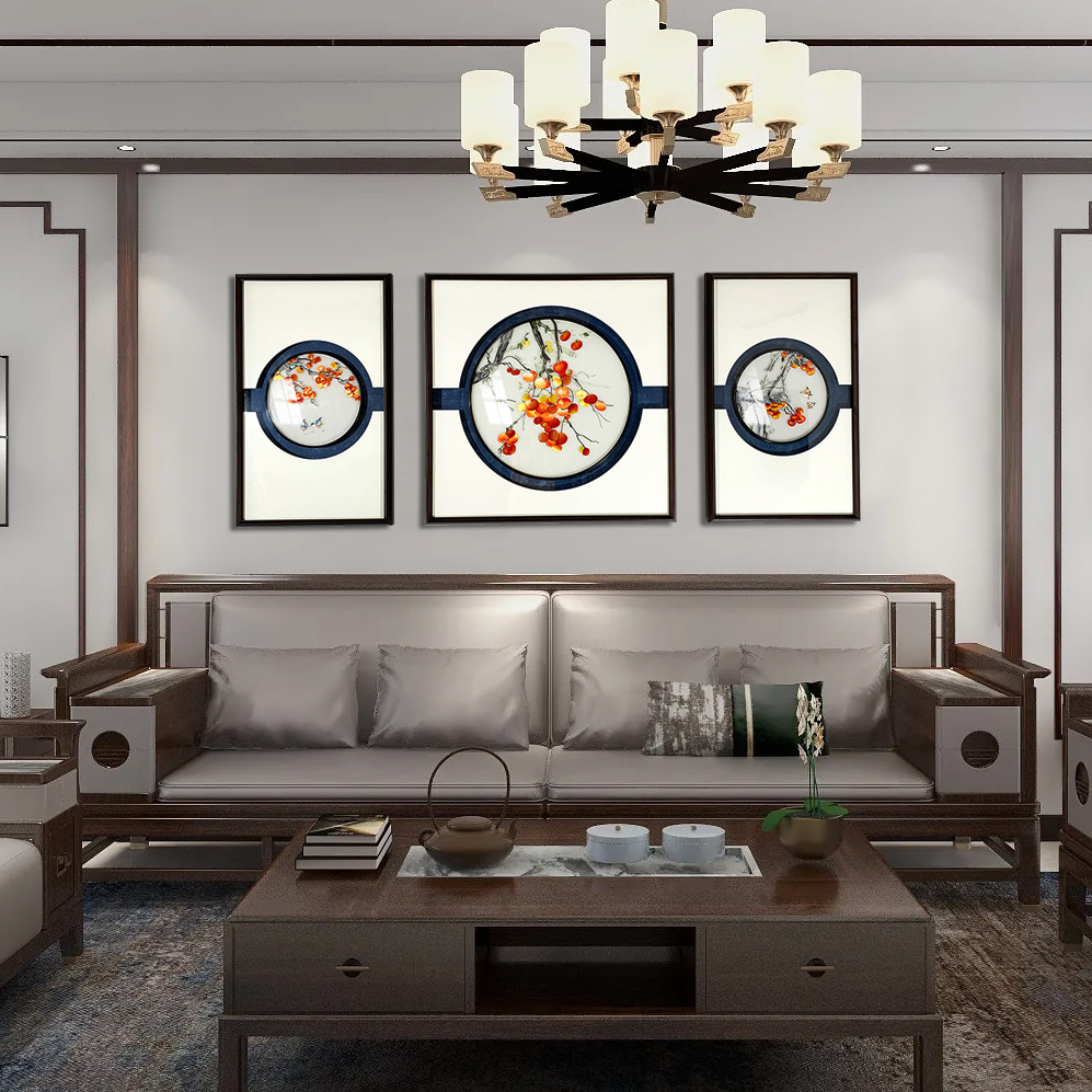福利满枝头刺绣挂画新中式客餐厅沙发背景墙装饰画高档苏绣三联画