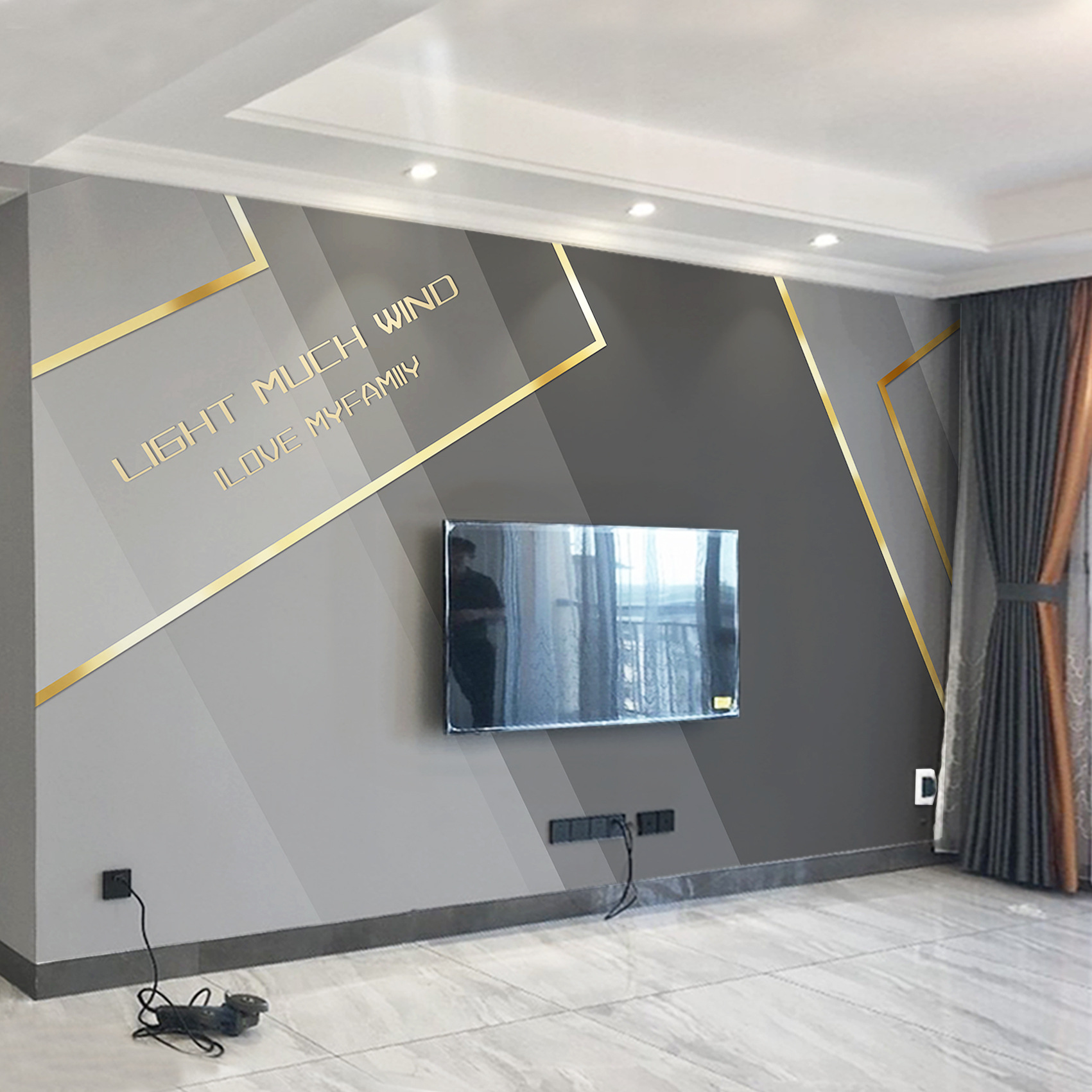 电视机背景墙壁纸现代简约客厅轻奢几何线条立体影视墙布艺术壁画