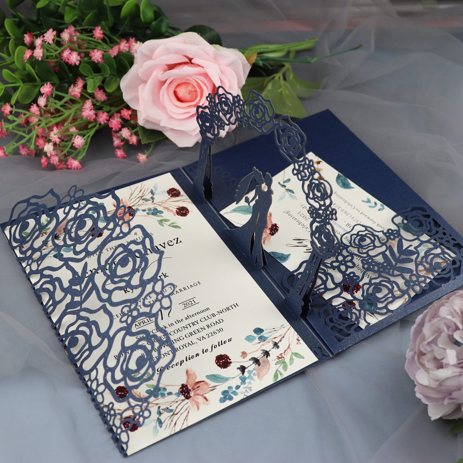 爱曼希 浪漫3d立体玫瑰花贺卡创意婚礼结婚请柬喜帖卡片印刷