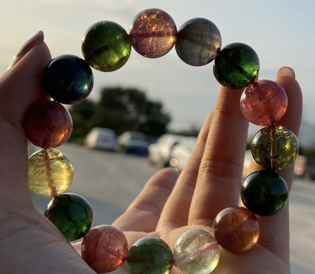 厂家批发高货天然巴西老矿料碧玺圆珠手链大颗粒手串手链颜色鲜艳
