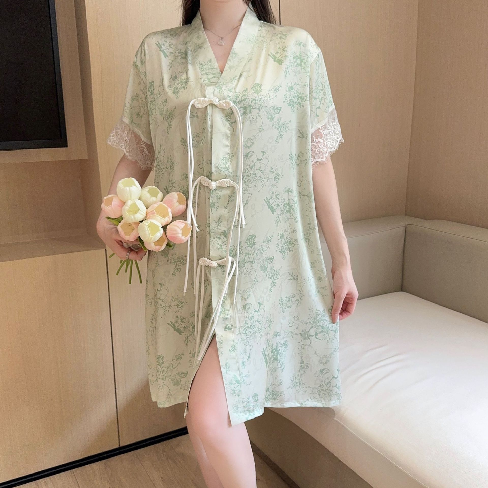 2024夏季新款冰雪丝国风睡裙女气质盘扣开衫短袖中长裙丝绸家居服