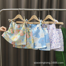 新款夏季2023女童油画风吊带可爱甜美公主女宝宝薄款夏装裙裤套装