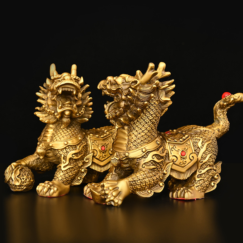 全铜麒麟摆件公母一对元宝绣球麒麟祥瑞财富麒麟家用办公室装饰品