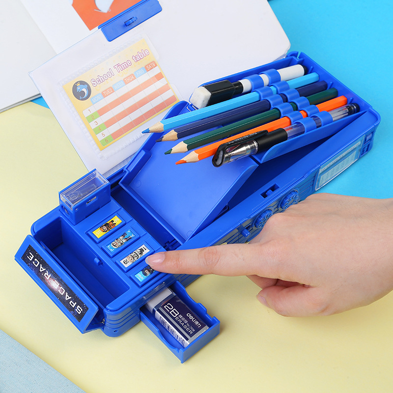 Astronaut Multifunctional Stationery Box Office Button Primary School Student Double-Sided Pencil Box Pencil Sharpener Curriculum Schedule Password Lock
