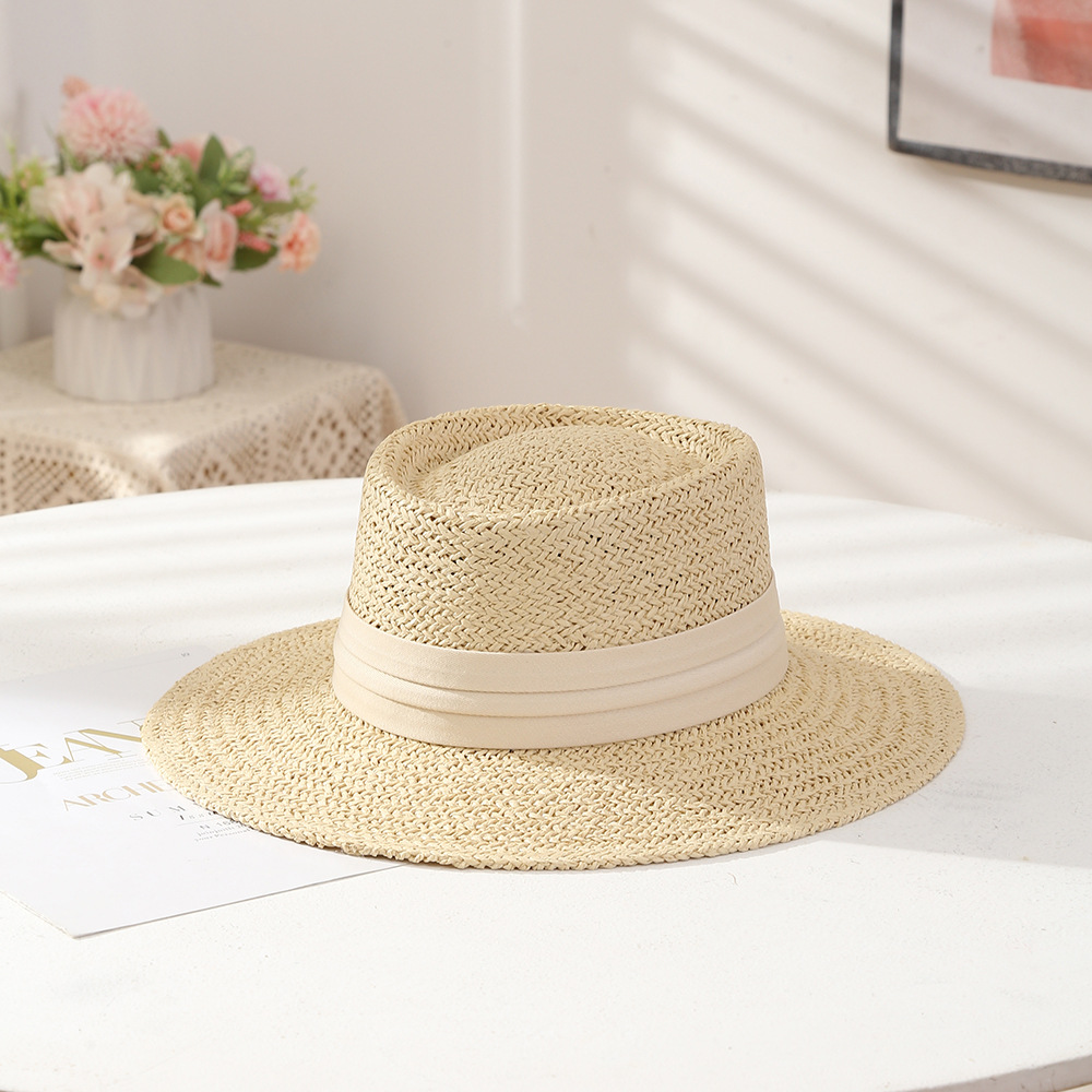 French Straw Hat Women's Fashion Sun Protection Hat Artistic Beach Weaving Sun Hat Summer Flat Top Big Brim Hat Wholesale