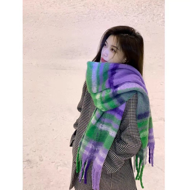 Internet Celebrity Live Broadcast Style Baba Plaid Scarf Women's Winter Warm Cashmere-like All-Match Mohair Long Fringe Bib