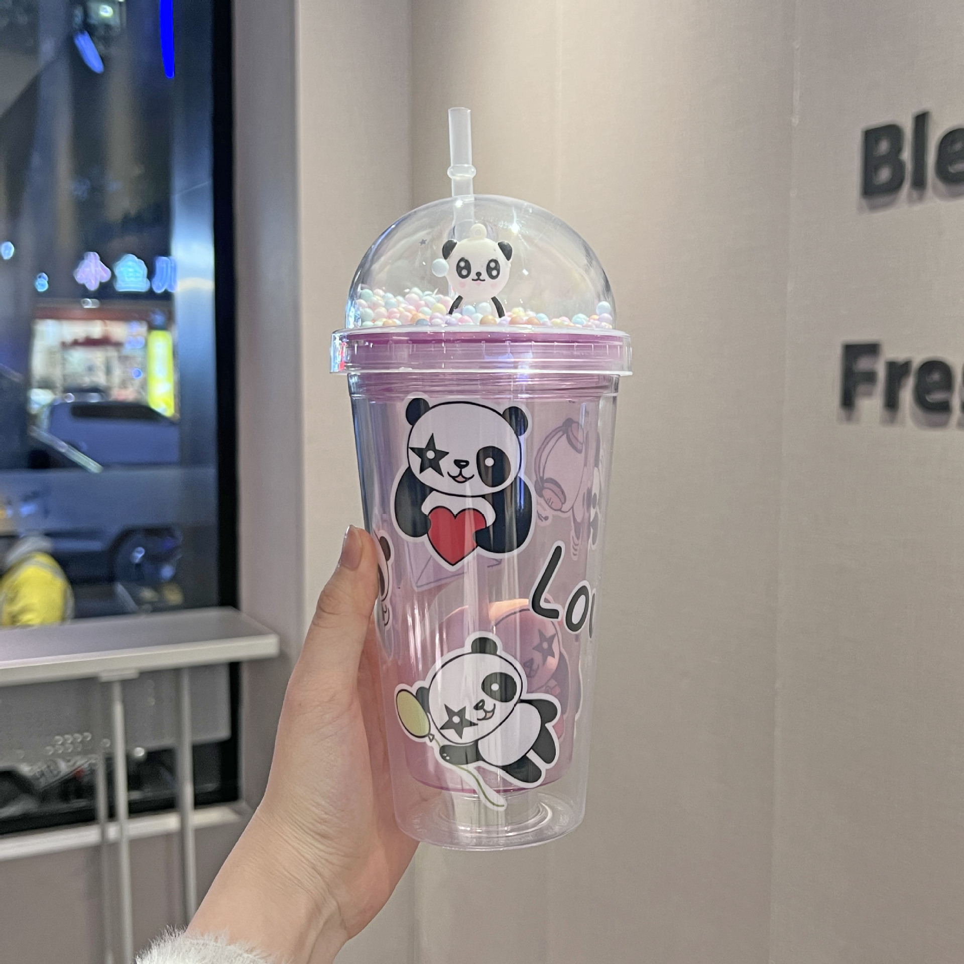 Cross-Border New Arrival Panda Water Cup Double-Layer Ice Crack Crushed Ice Cup Plastic Cup Wholesale Large Capacity Cartoon Portable Straw Cup