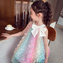 女童无袖连衣裙2023夏季新款彩色立体3D花朵裙儿童蝴蝶结公主裙