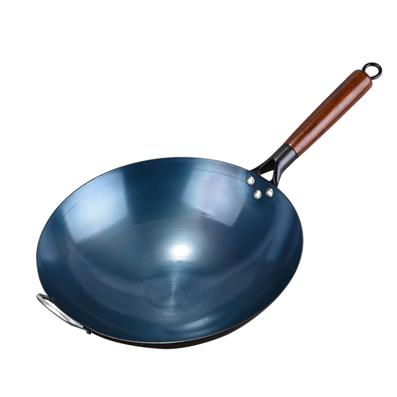 Wok Non-Coated Iron Pan Household Non-Stick Pan Old-Fashioned Frying Pan round Bottom Pot with Gas Stove Special Baking Blue Open Pot