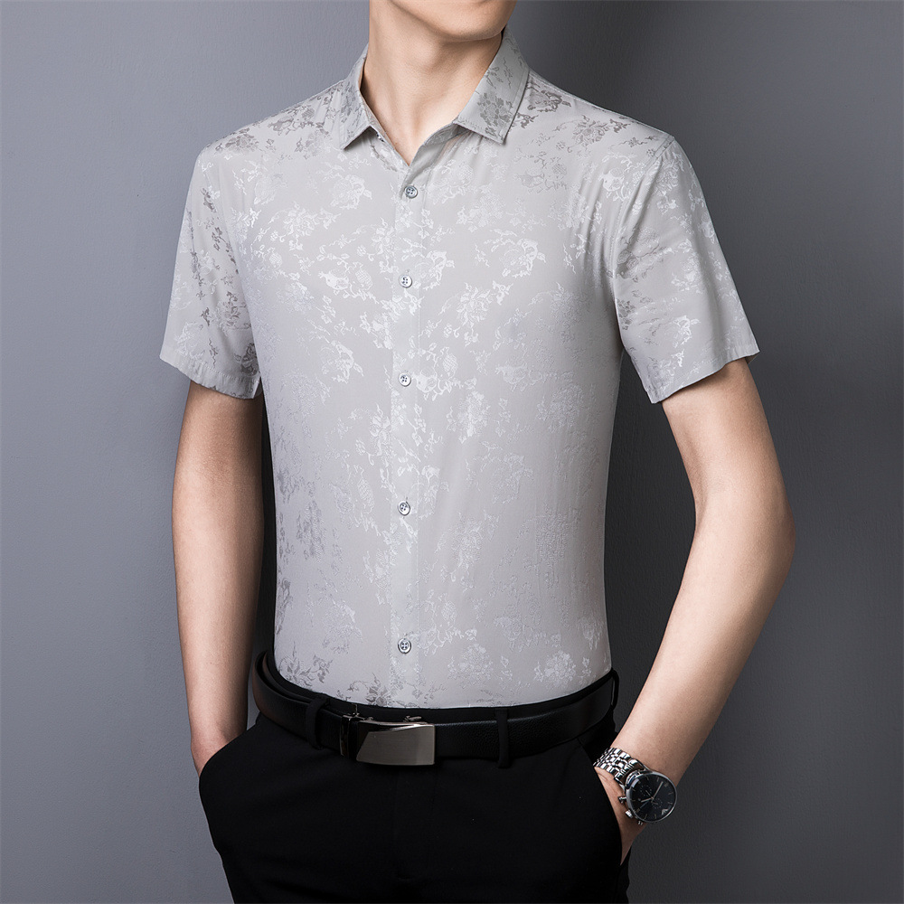 bosco桑蚕丝短袖衬衫男中年 纯色丝绸薄款爸爸装真丝体恤衫男