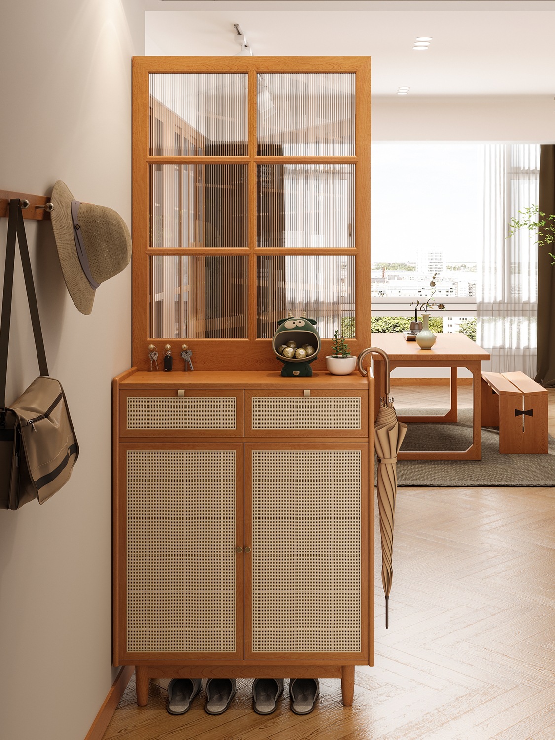 北欧实木鞋柜 家用入户玻璃屏风玄关柜门厅日式隔断收纳储物柜