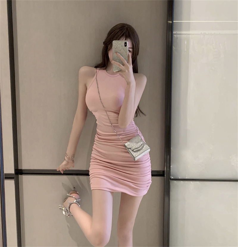 直播衣服女主播无袖连衣裙女夏季新款纯欲辣妹修身性感粉色包臀裙