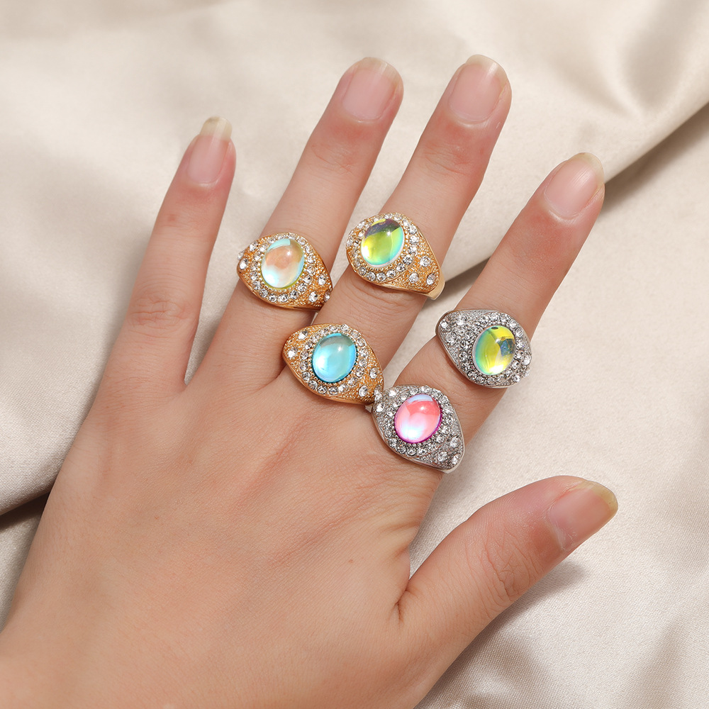 跨境电商热卖多彩梦幻彩色玻璃水晶戒指欧美女欧泊戒指月光石