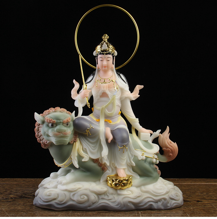 汉白玉文殊普贤菩萨佛像华严三圣居家供奉家用树脂寺庙神像摆件