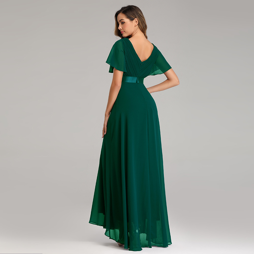 Double V-neck Flared Sleeve Dress Chiffon Evening Gown