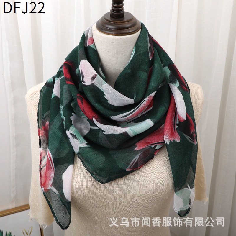 Women's Printed Scarf Retro Easy Matching 90 Large Kerchief Shawl Voile Cotton and Linen Warm Sunscreen Scarf Closed Toe Scarf