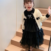 女童秋装连衣裙2023新款时髦蝴蝶结烫钻蛋糕裙小女孩冬黑色公主裙