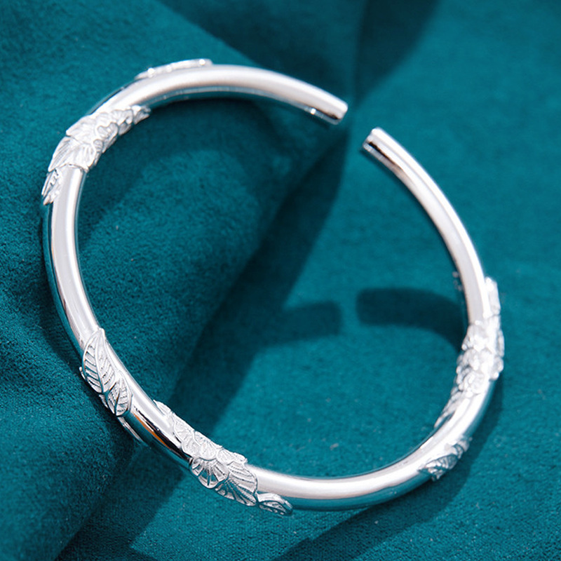 镀银相思藤树藤手镯 开口繁花纹理民族风实心开口年轻款花叶手镯