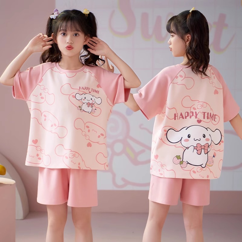 Girls' Pajamas Summer Cotton Short Sleeve Thin 2024 New Children Girls' Summer Medium and Large Children's Set Homewear