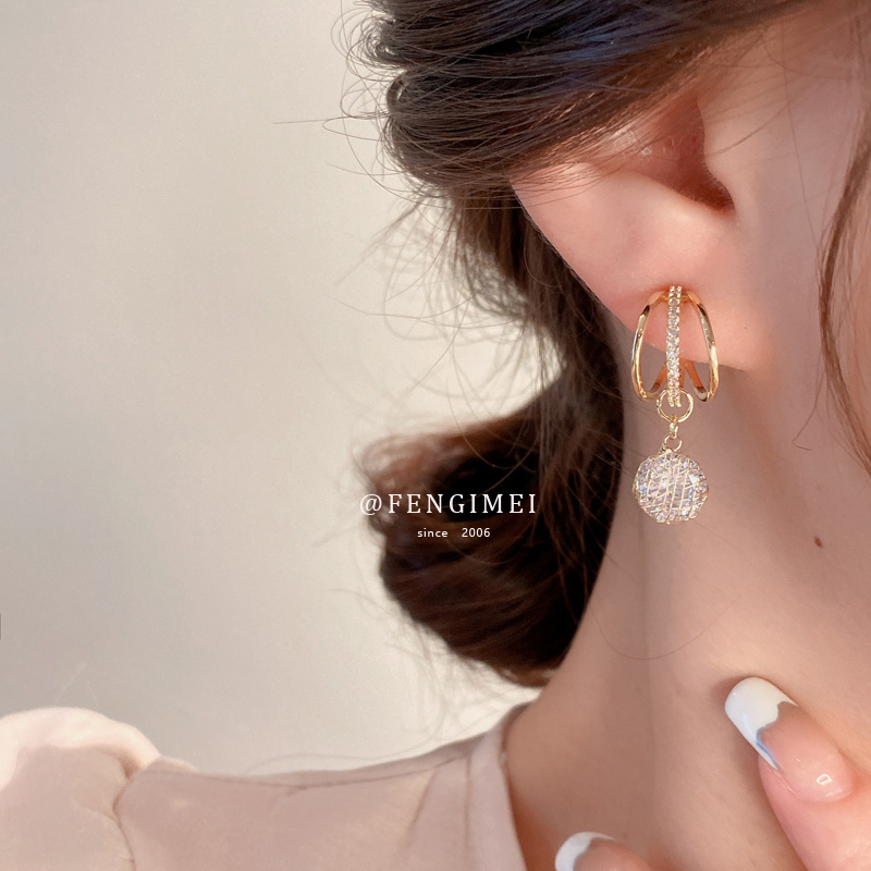 Real Gold Electroplated Silver Needle Zircon Three-Layer Grid Earrings Korean Ins Special-Interest Design Ear Stud Earring Graceful Earrings