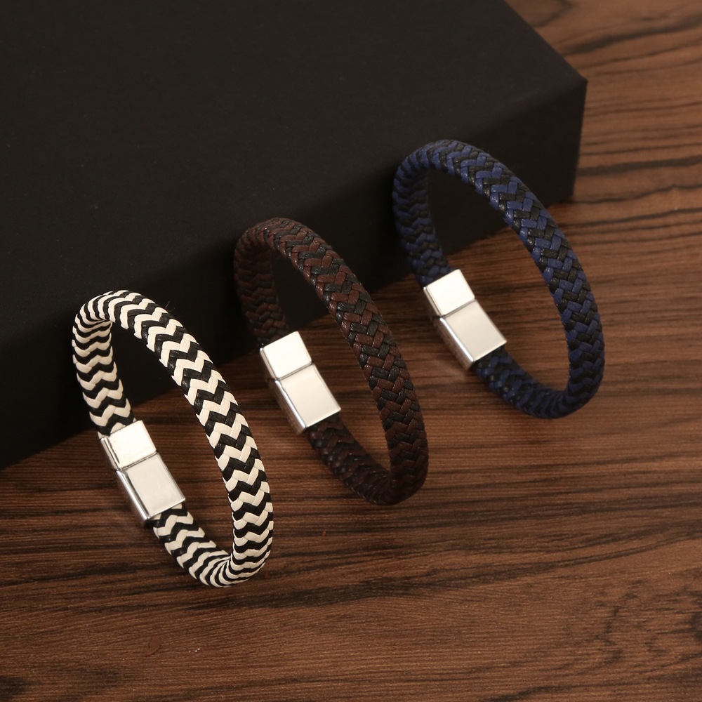 Cross-Border New Couple's Simple Bracelet Black and White Leather Multi-Layer Hand-Woven Stainless Steel Bracelet