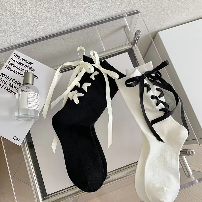 黑白色中筒袜春秋款日系蝴蝶结后跟绑带袜甜美少女风袜子女ins潮