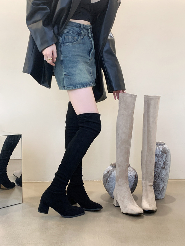 时尚方头粗跟瘦腿过膝长靴高跟2024秋冬百搭弹力显瘦女靴子袜靴